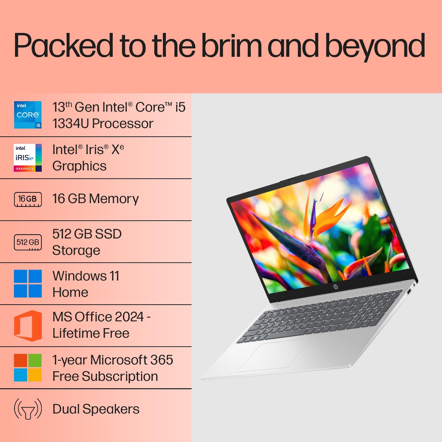 HP 15, 13th Gen Intel Core i5-1334U Laptop(16GB DDR4, 512GB SSD), 15.6"/39.6cm,FHD,Win 11,Office 24,Microsoft 365*, Silver,1.59kg, Iris Xe Graphics, FHD Camera w/Privacy Shutter, Backlit KB, fd0467tu