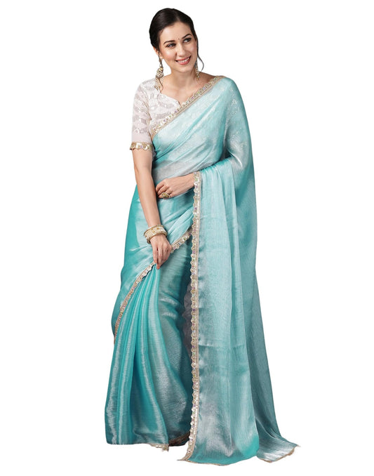 SIRIL Women's Chiffon Temple Border Saree With Unstitched Blouse (3799S281_Blue)