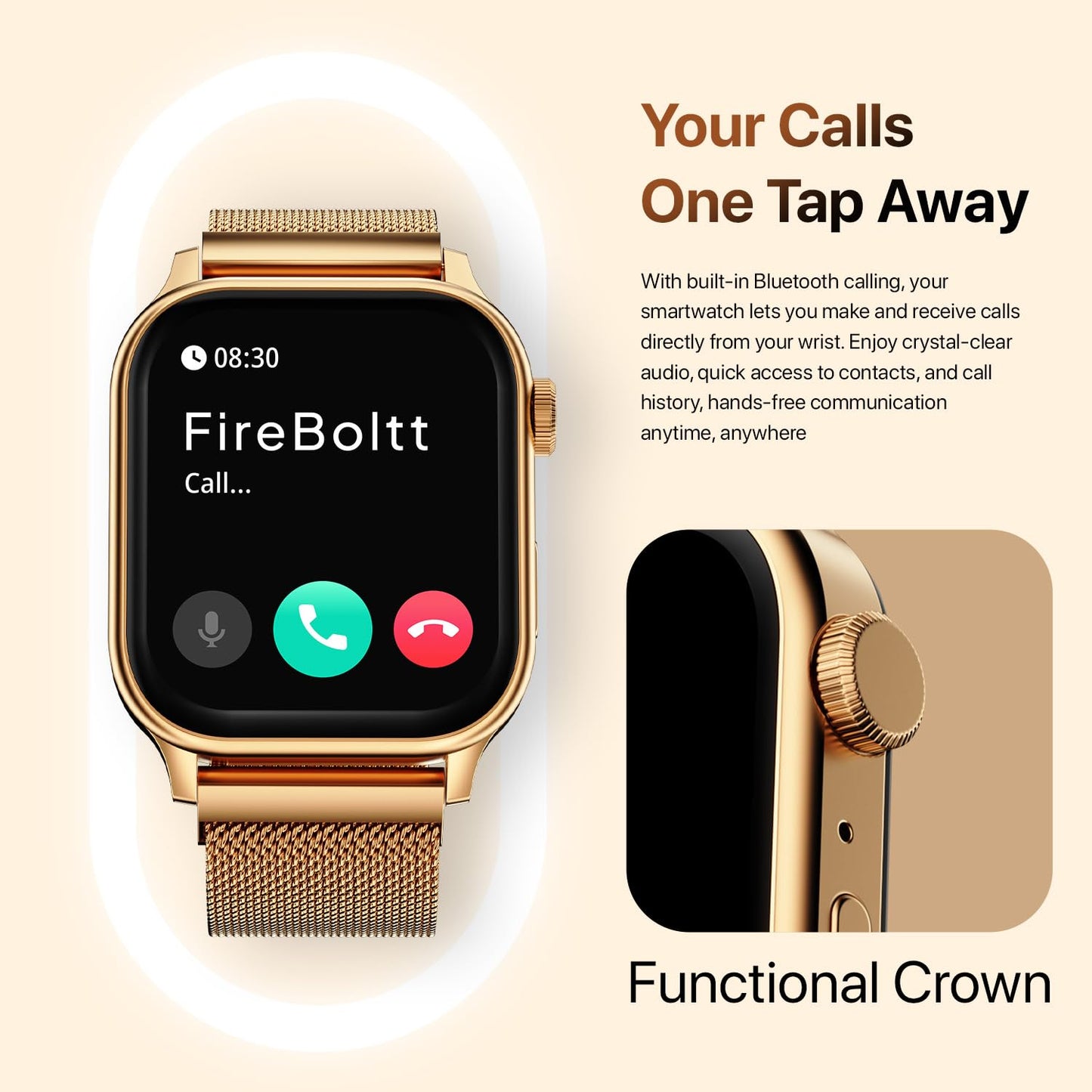 Fire-Boltt Rise Smart Watch, 1.85" HD Display, Metal Body with Bluetooth Calling, Rotating Crown, AI Voice Assistant, 120 Sports Modes, Neon UI, SpO2 & Heart Rate Monitoring (Gold Millanese)