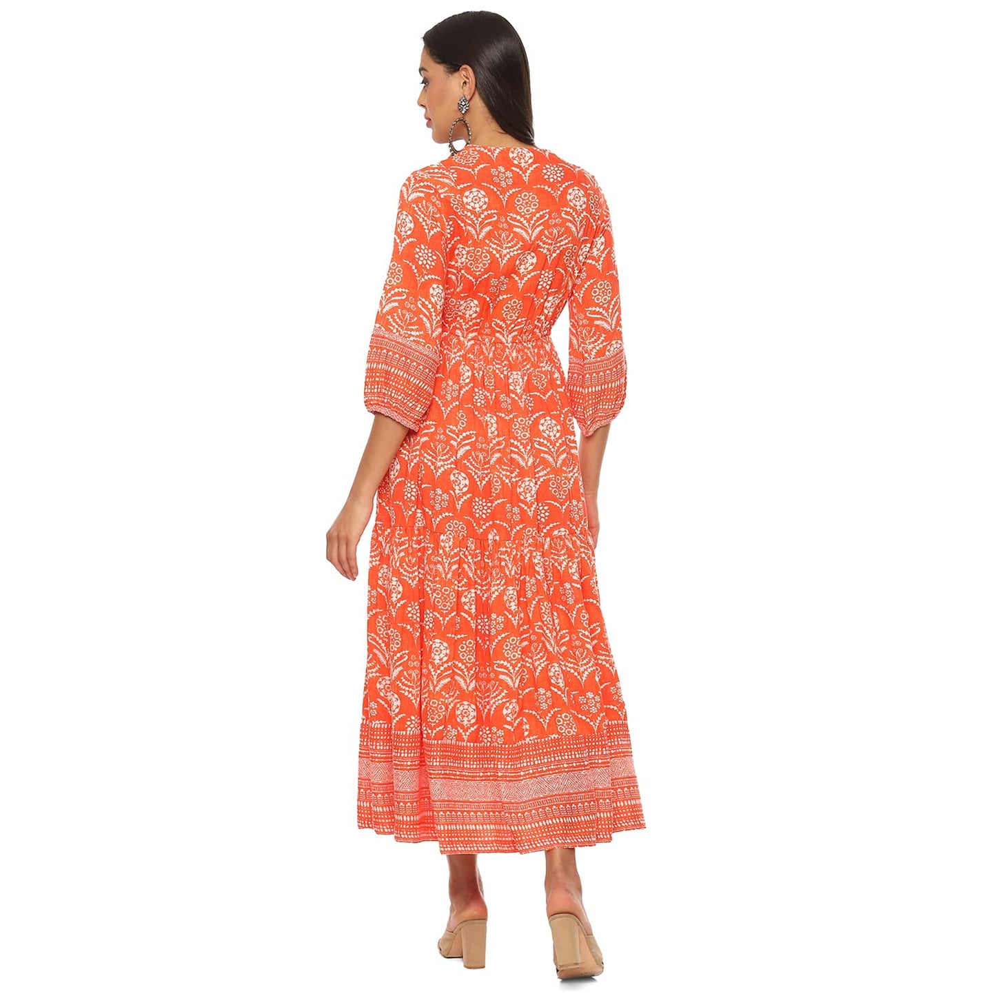 BIBA Women Printed Mix and Match Knee-Length Dress (Casual D1971_Orange_36)