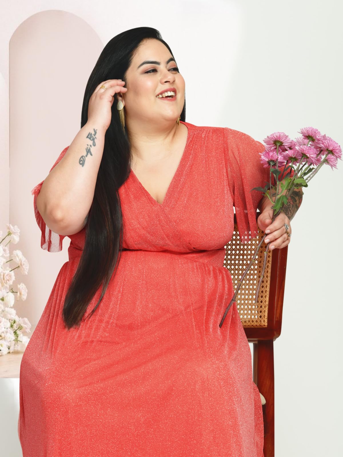 wild U Women Plus Size Cocktail Gown | Net | Stretchable | Shimmery | Western Stylish Dress (Rose Pink - 7XL)
