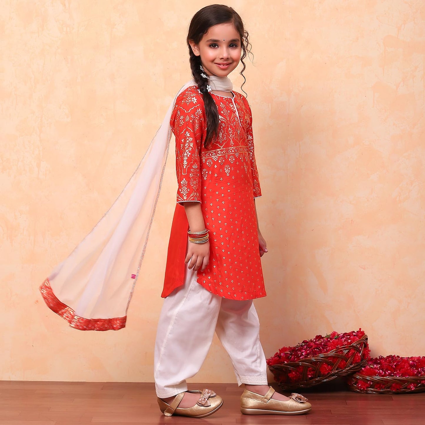 BIBA Girls Orange Straight Cotton Printed Kurta suit set