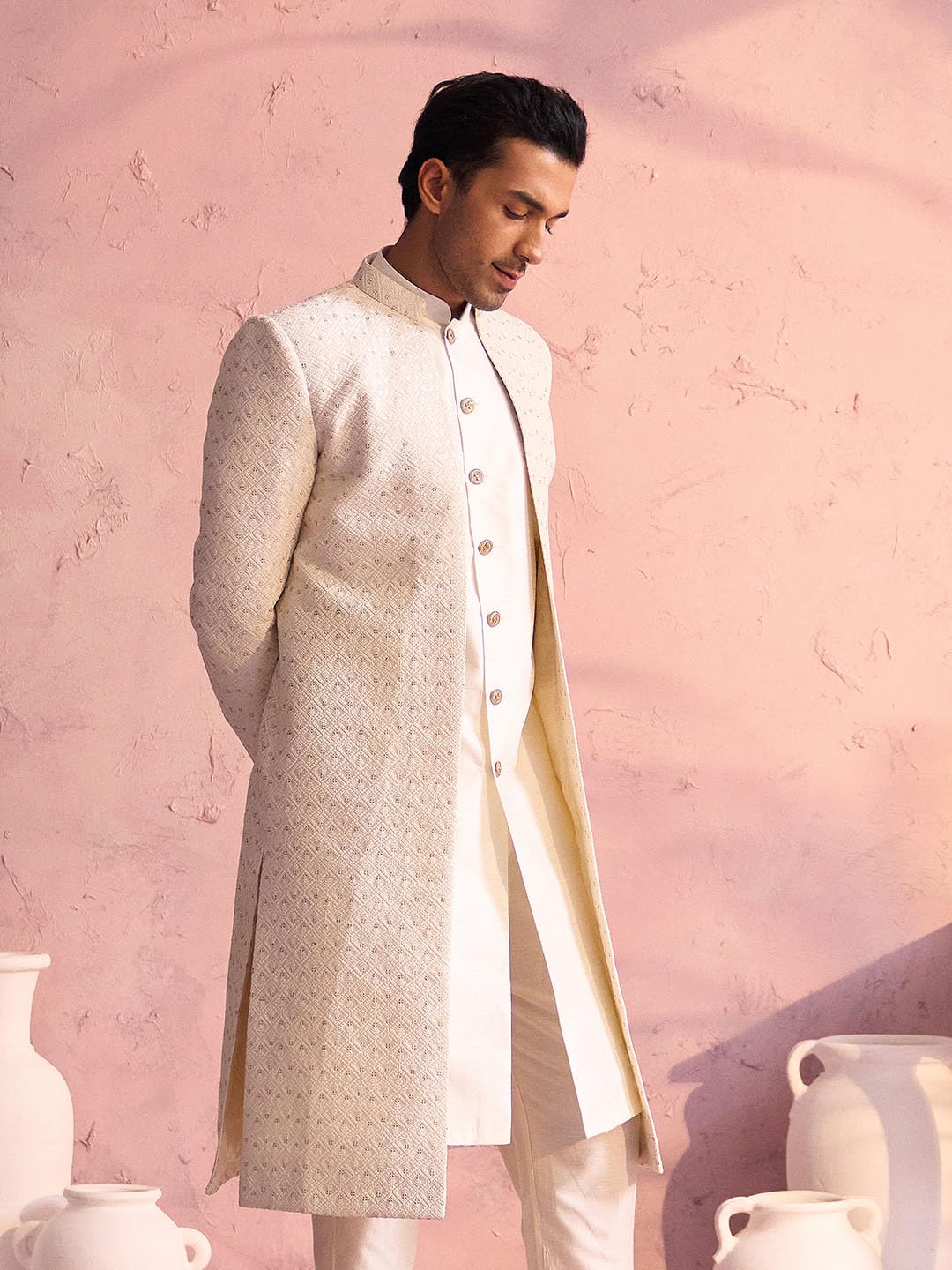 VASTRAMAY Men's Cream Silk Blend Sherwani Only Top