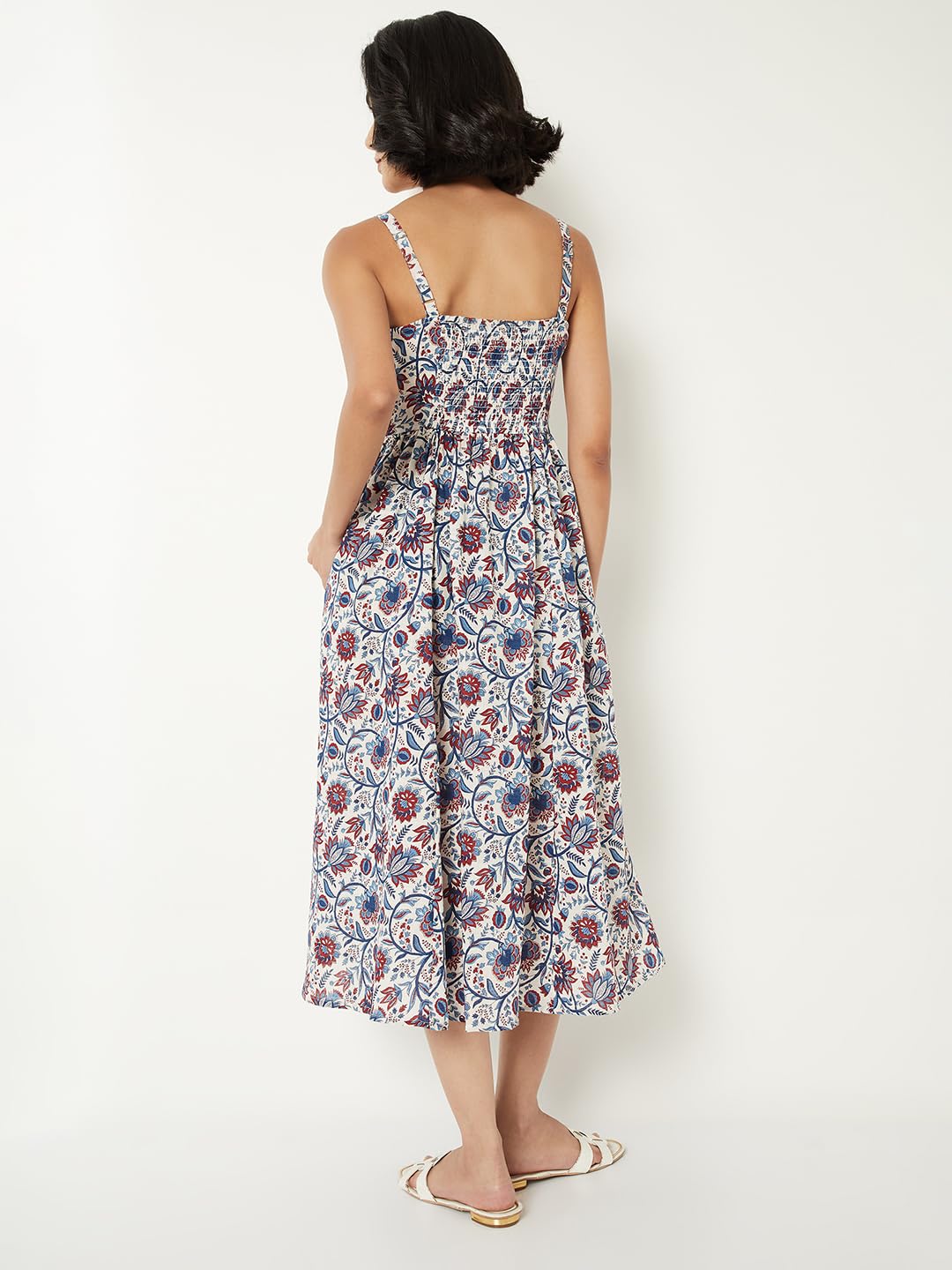 Max Women Floral Print A-line Midi Dress (White_L)