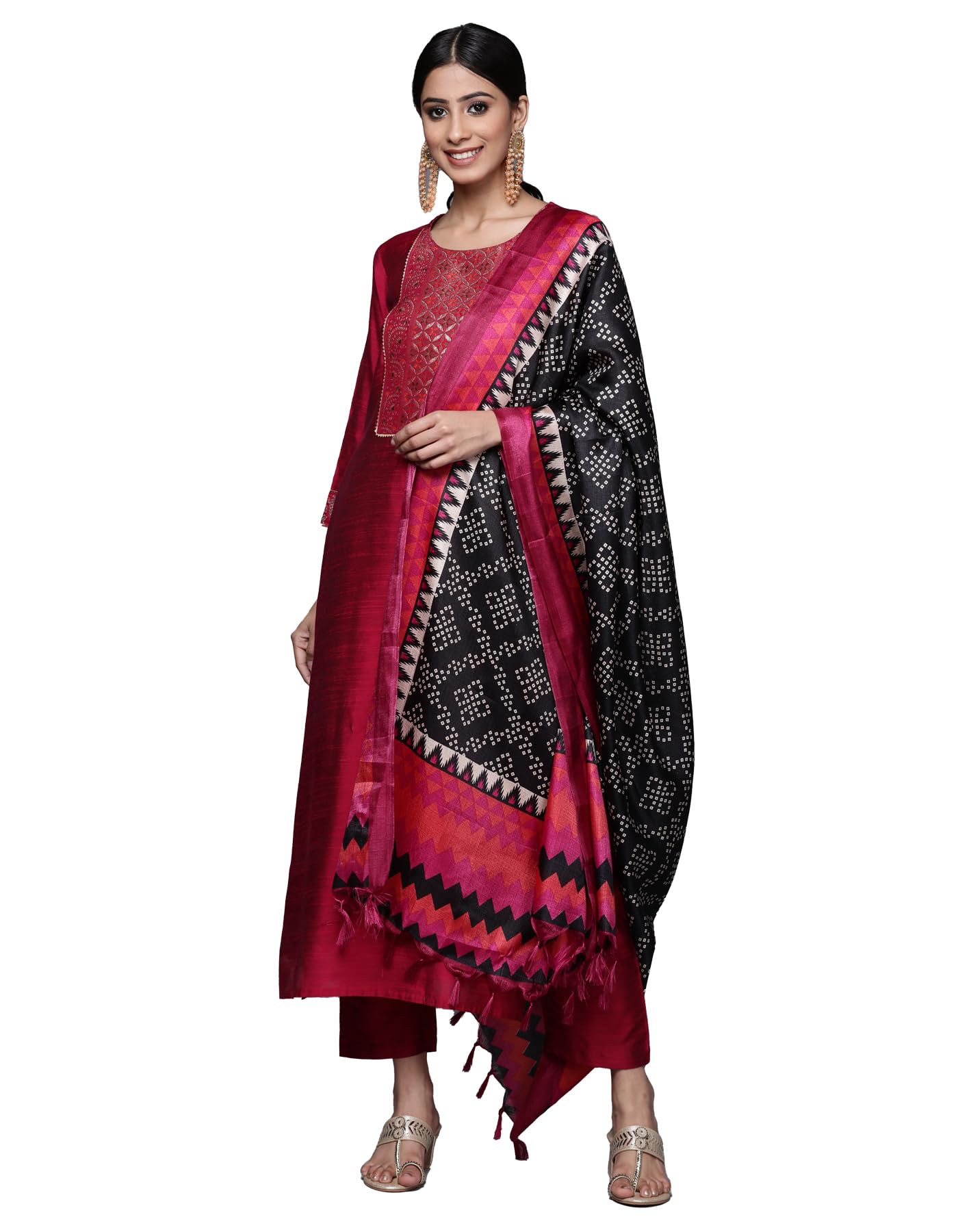 Varanga Magenta Silk Kurta Set for Women – Elegant Woven Yoke, Gota Embellishment, Elasticated Trouser, Side Slits – Stylish & Comfortable Ethnic Wear (Extra Large)