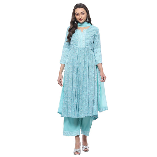 Biba WOMEN PRINTED STRAIGHT SALWAR KURTA DUPATTA(SKDASSORTED7518_TURQUOISE_38)