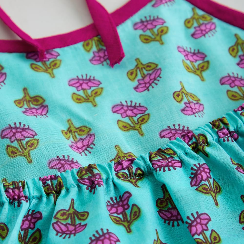 Hopscotch Hoscotch Girls Floral Blue Sleeveless 2 Piece Groove & Flow Cotton Lehenga Choli Set For Ages (5-6 Years)