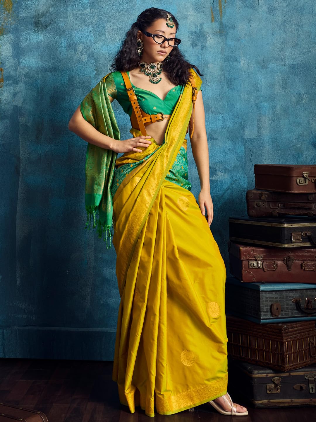 AKHILAM Women's Lemon Yellow Pure Silk Ethnic Motif Print Tassels and Latkans Saree With Unstitched Blouse Piece | saree for woman | Designer Saree for Women