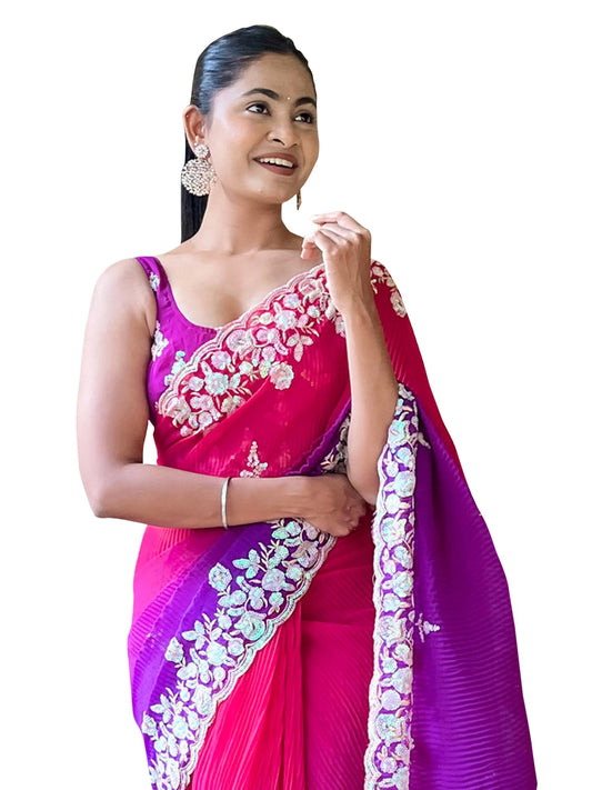 AKHILAM Women's Pink Georgette Sequins Embellished Saree with Unstitched Blouse Piece (KESARI2908_KR)