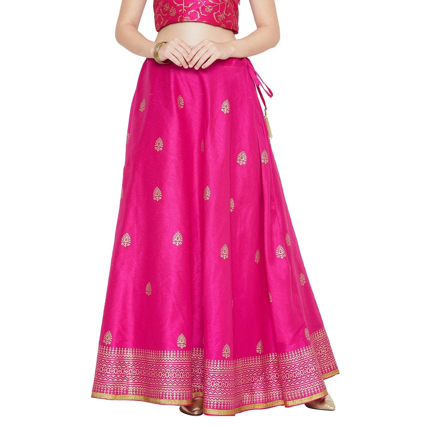 studio rasa Women's Dupion Block Printed Bias Skirt for Festive Wedding Party (SKTOC419RC170L_Pink_Large)