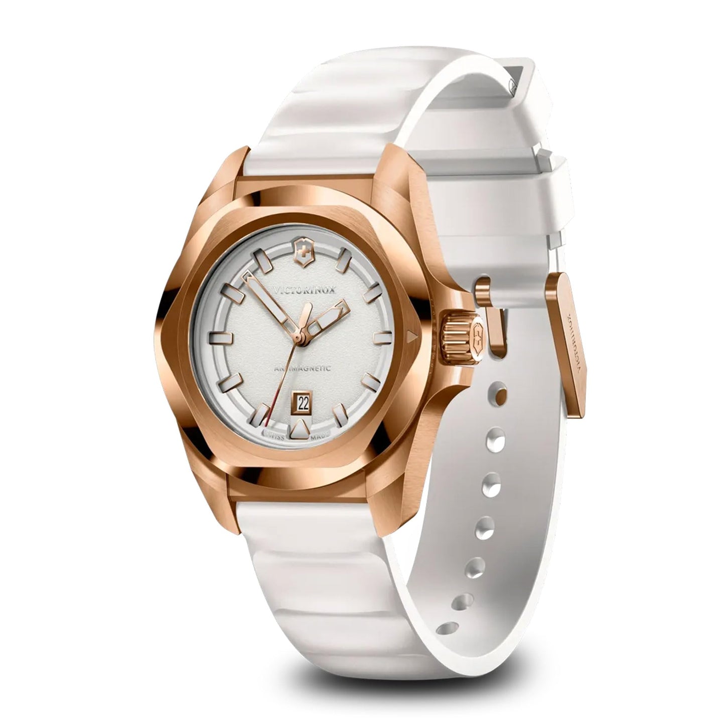 Victorinox I.N.O.X. Small, Swiss Made Analog Women's Watch | White Dial, 32 MM, 100M Water Resistant, PVD Gold Stainless Steel Case, Quartz Movement, White Rubber Strap | 242037