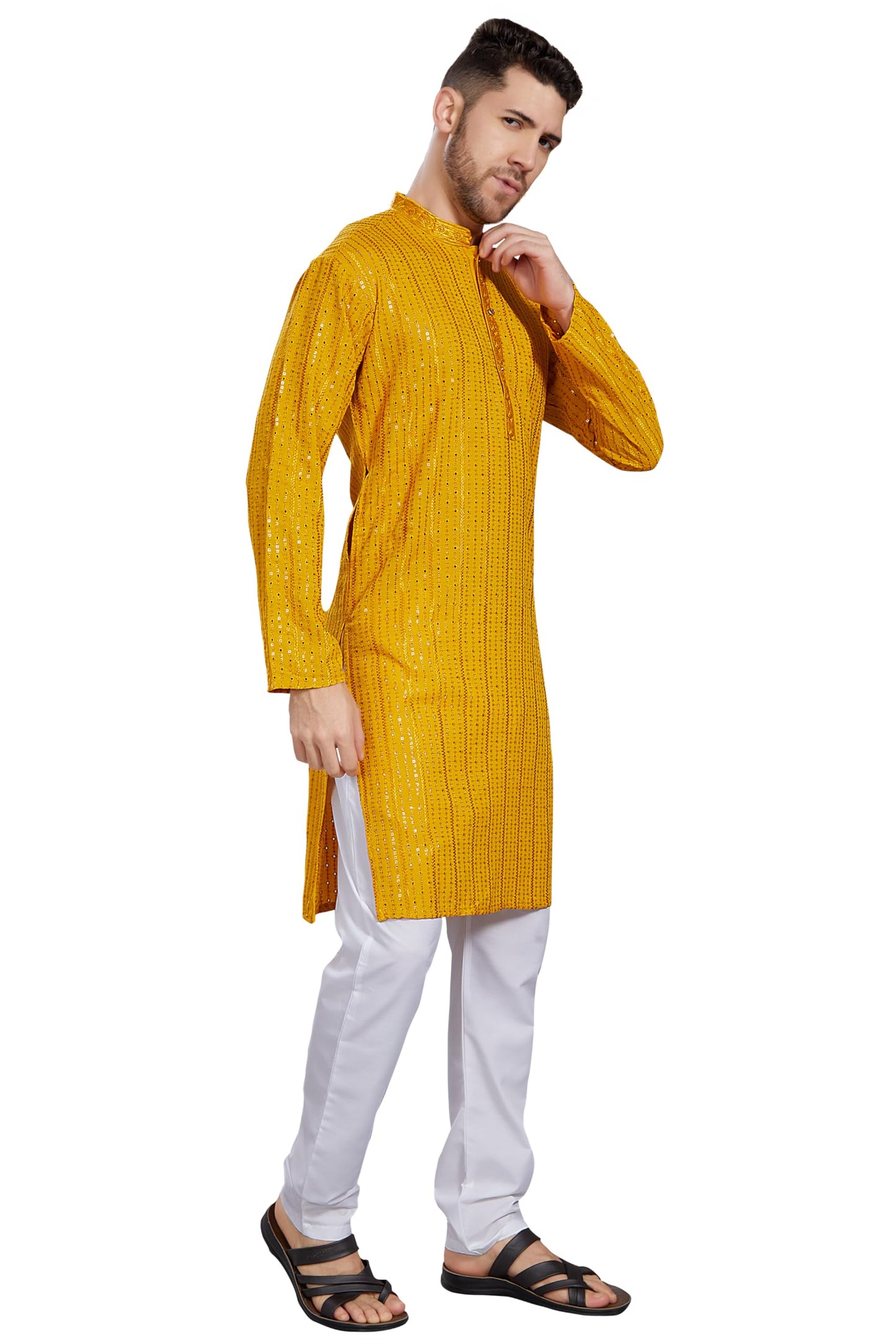 DIVISIVE Men's Embroidered Cotton Blend Only Slim Fit Kurta (DKRT383_XXL_Mustard)