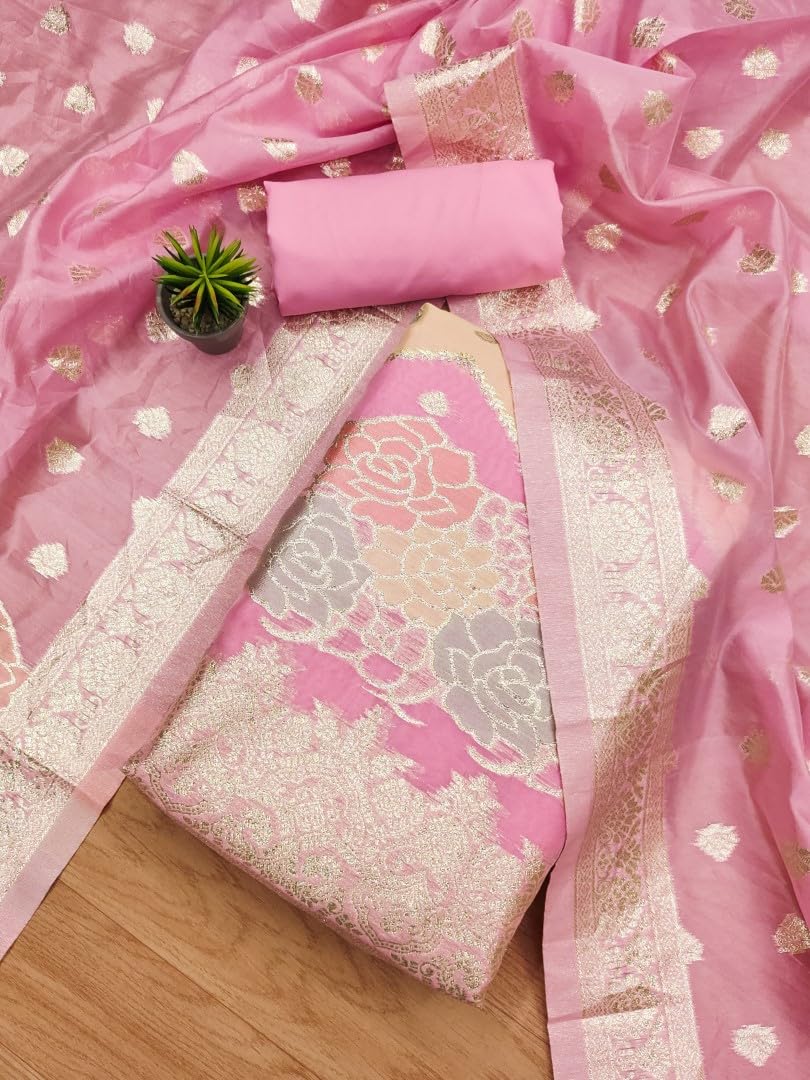 SHANTVAN GALLERY Banarasi Organza Cut Paste Suit Set with Silk Jacquard Dupatta, Heavy American Crape Bottom, 2.5 Meter, (Pink)