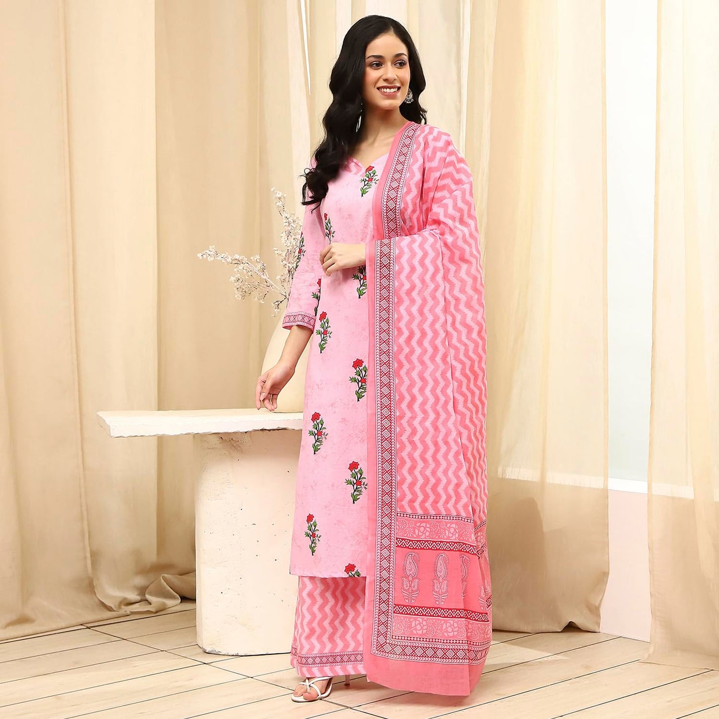 BIBA Women Pink Cotton Screen Print Unstitched Suit Set_FREE SIZE