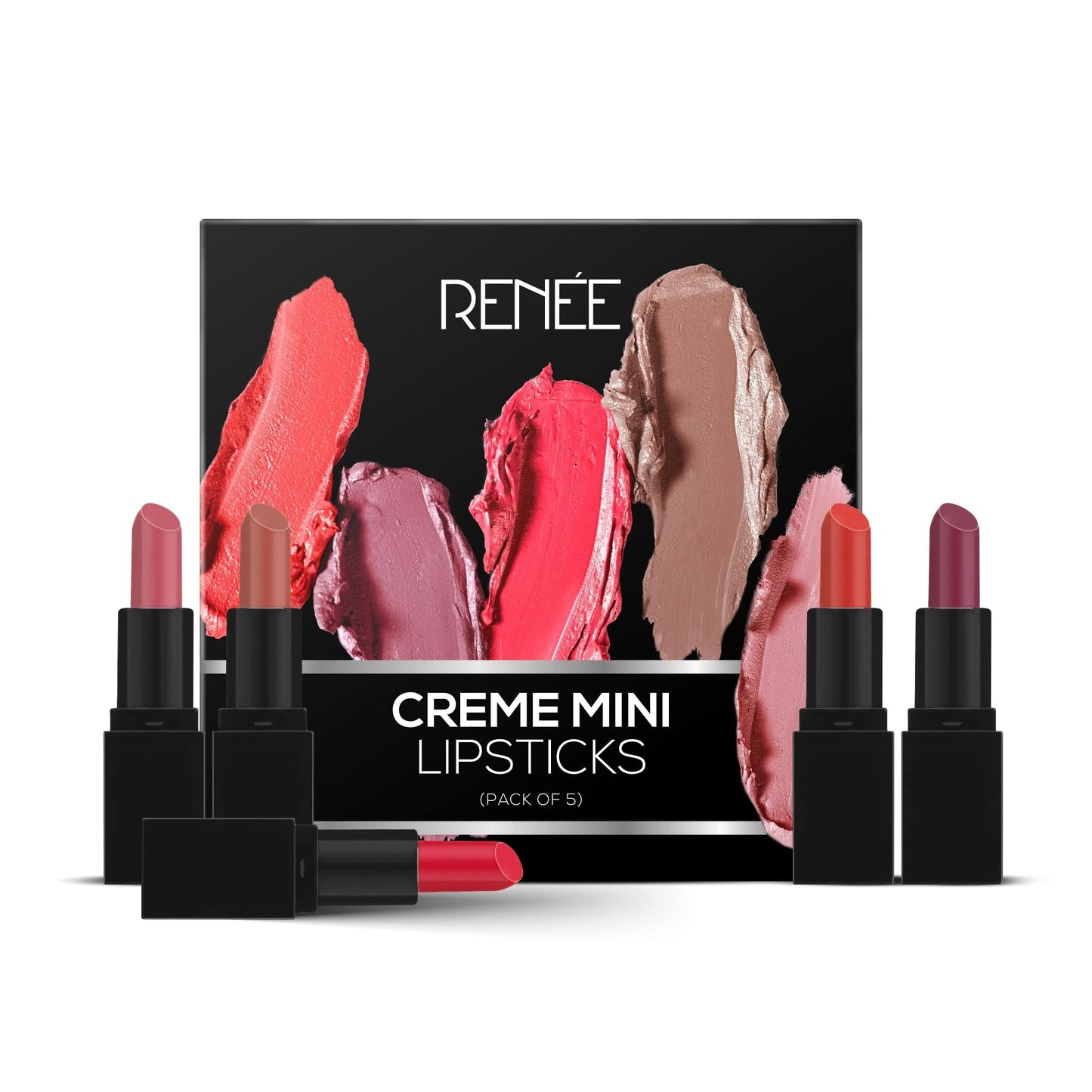 RENEE Crème Mini Lipstick Combo Pack of 5-1.65gm Each, Long Lasting Creamy Finish - Enriched With Jojoba Oil, Keeps Lips Hydrated & Nourished, Travel Friendly