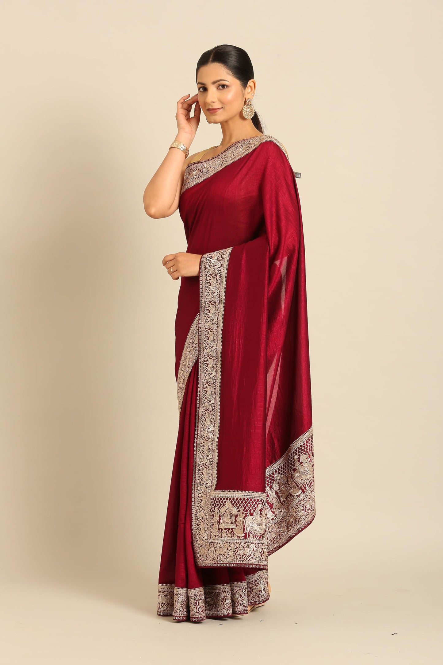 MOHEY Women's Wine Chiffon Embroidered|Zari Saree