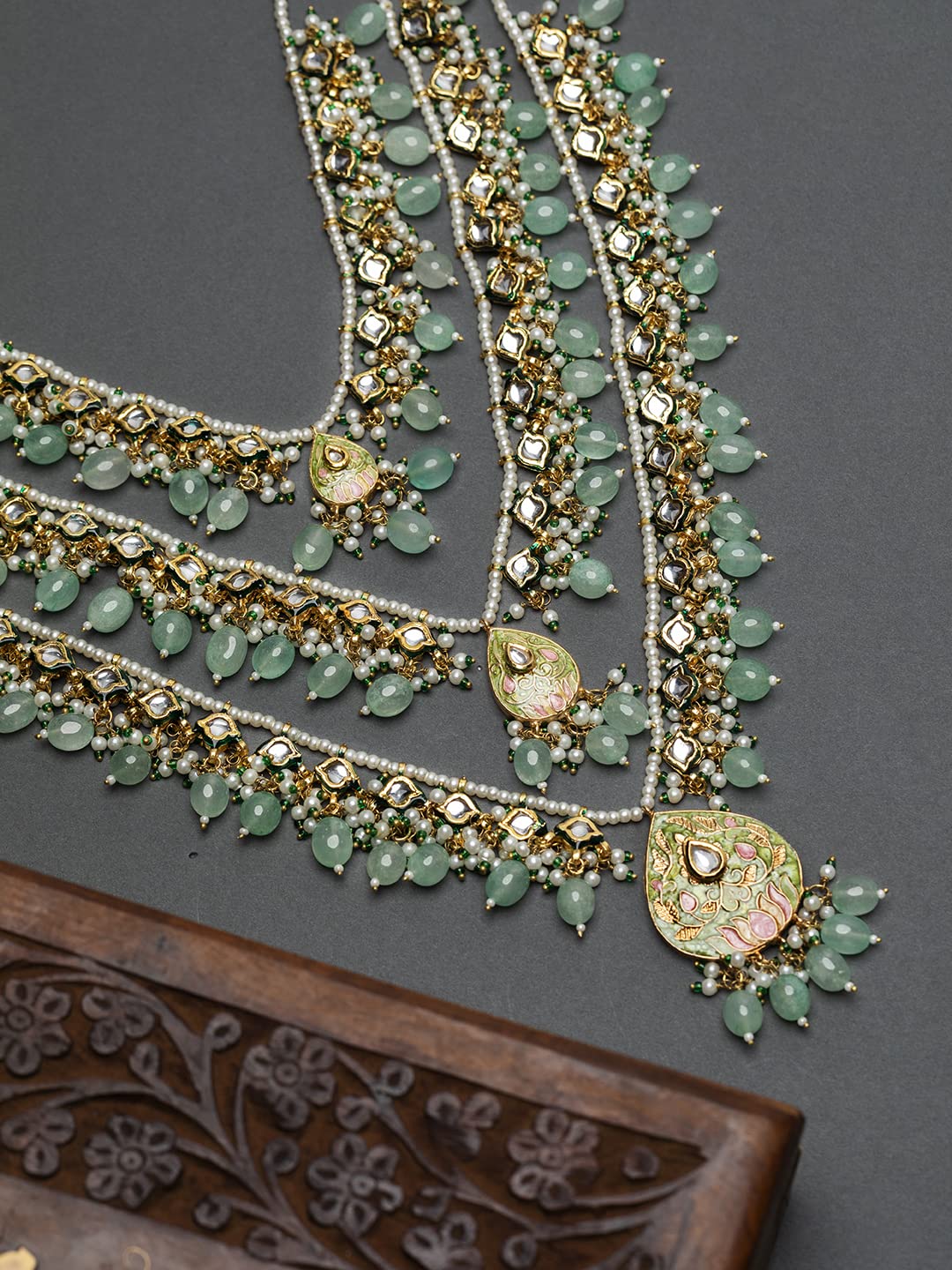 Priyaasi Sea Green Studded Buds Beaded Multilayer Gold-Plated Jewellery Set For Women