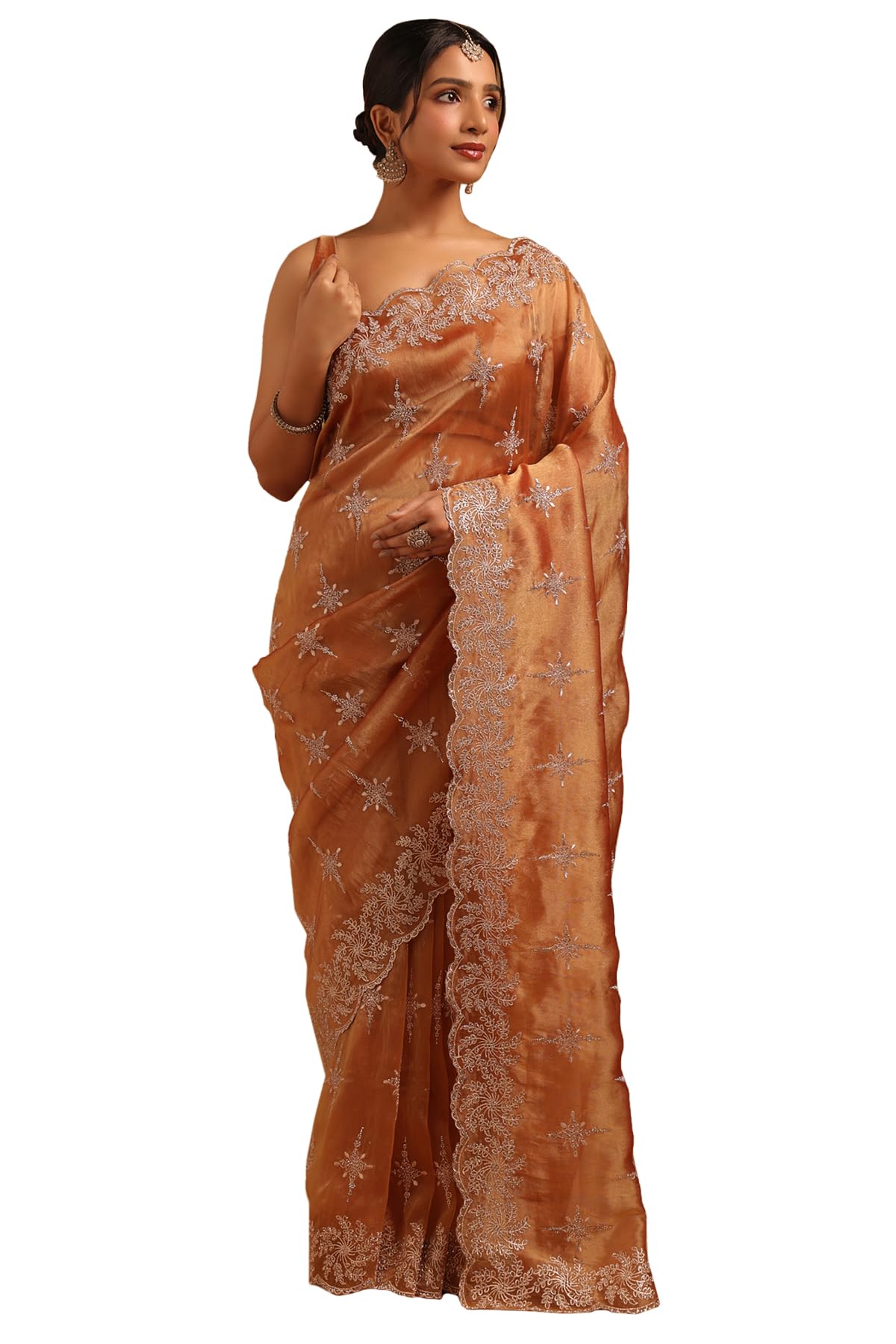Soch Womens Peach Tissue Ethnic Motifs Saree With Stone Work