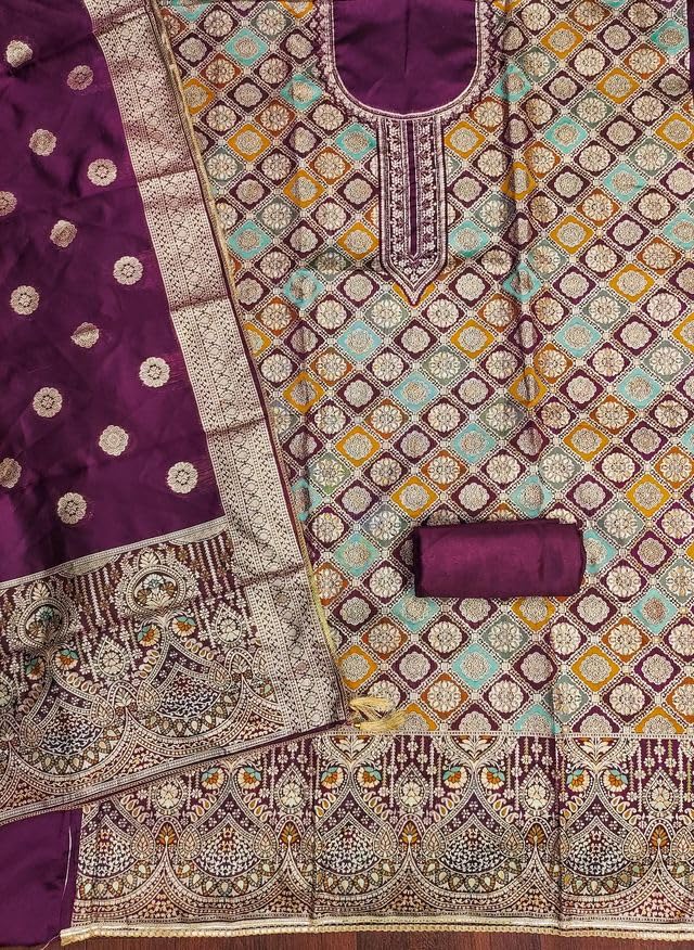 VARNI FABRICS Jacquard Dress Material for Women Geometric diamond Pattern Unstitched Woman Salwar Suit Dress Material With Jacquard Dupatta Dark Purple