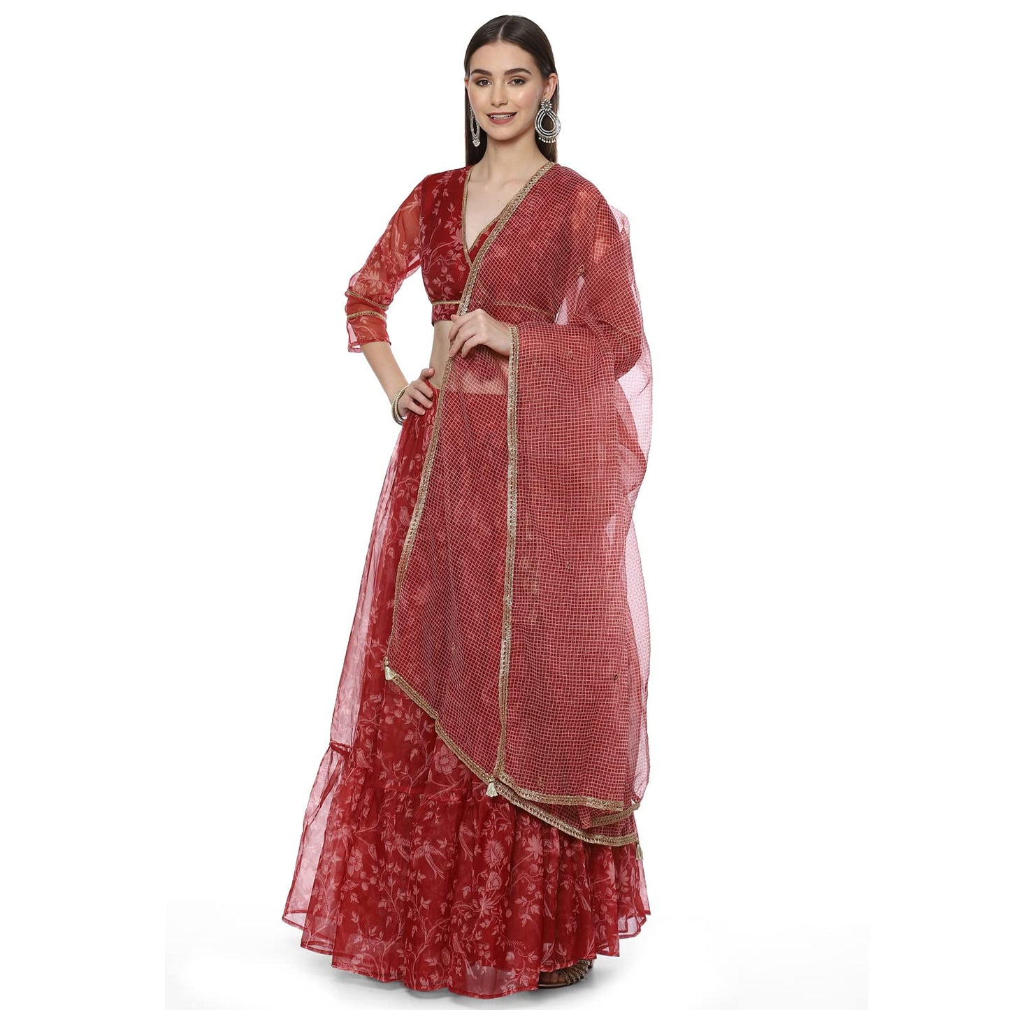 BIBA Womens Polyester Lehenga Set Readymade Red L