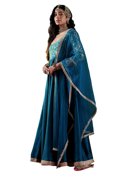 Varanga Women Zari Embroidered A-Line Kurta Set with Bottom & Dupatta – Exquisite Traditional Attire for Festive & Special Occasions