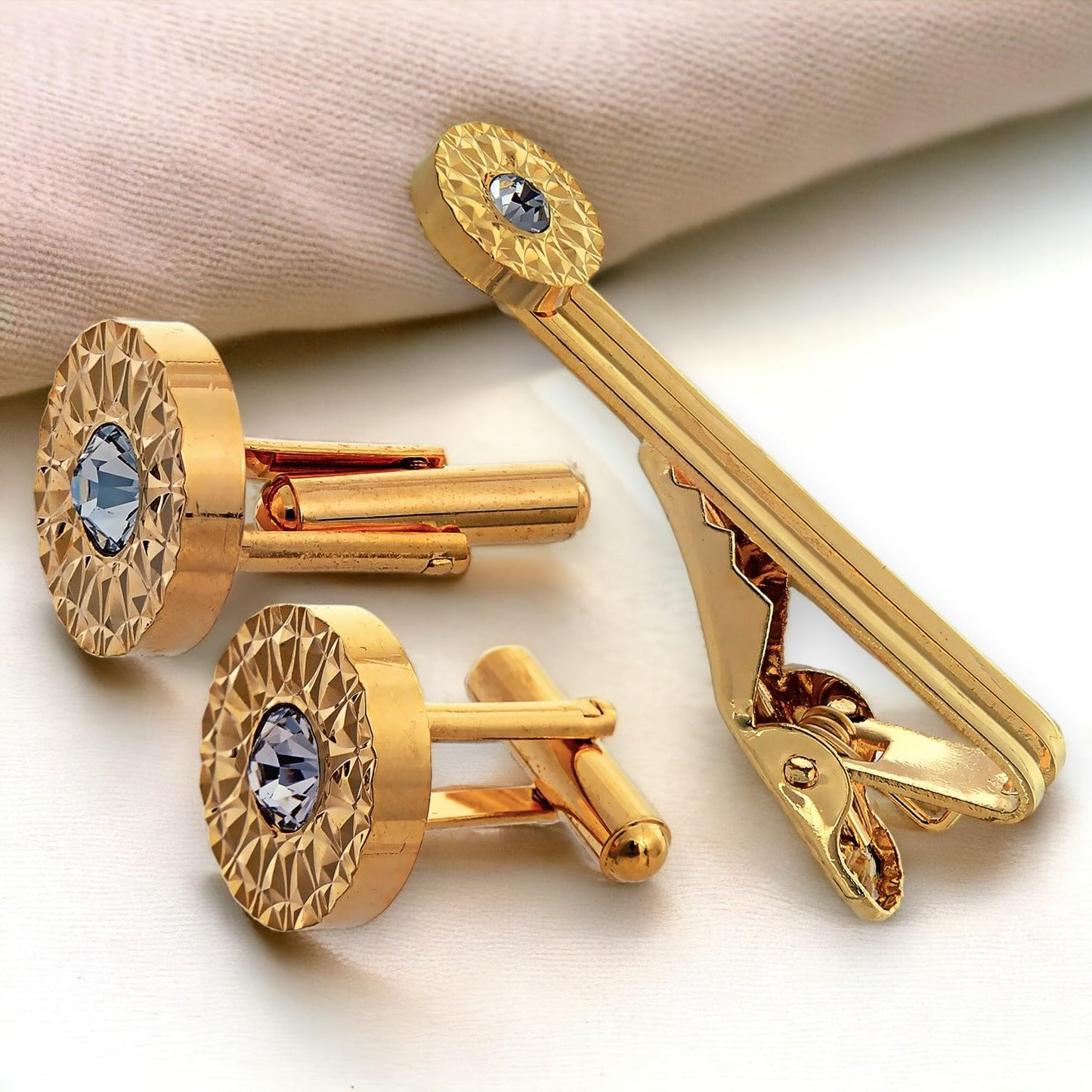 Lucky Jewellery Unique Men Jewelry White Color Stone Gold Plated Sleeve Button Formal Cuff Button Wedding Shirt Button, Suit, Blazer Cufflinks with Matching Tie Pin Gift Set For Men (245-M4C5-DCM38-W)