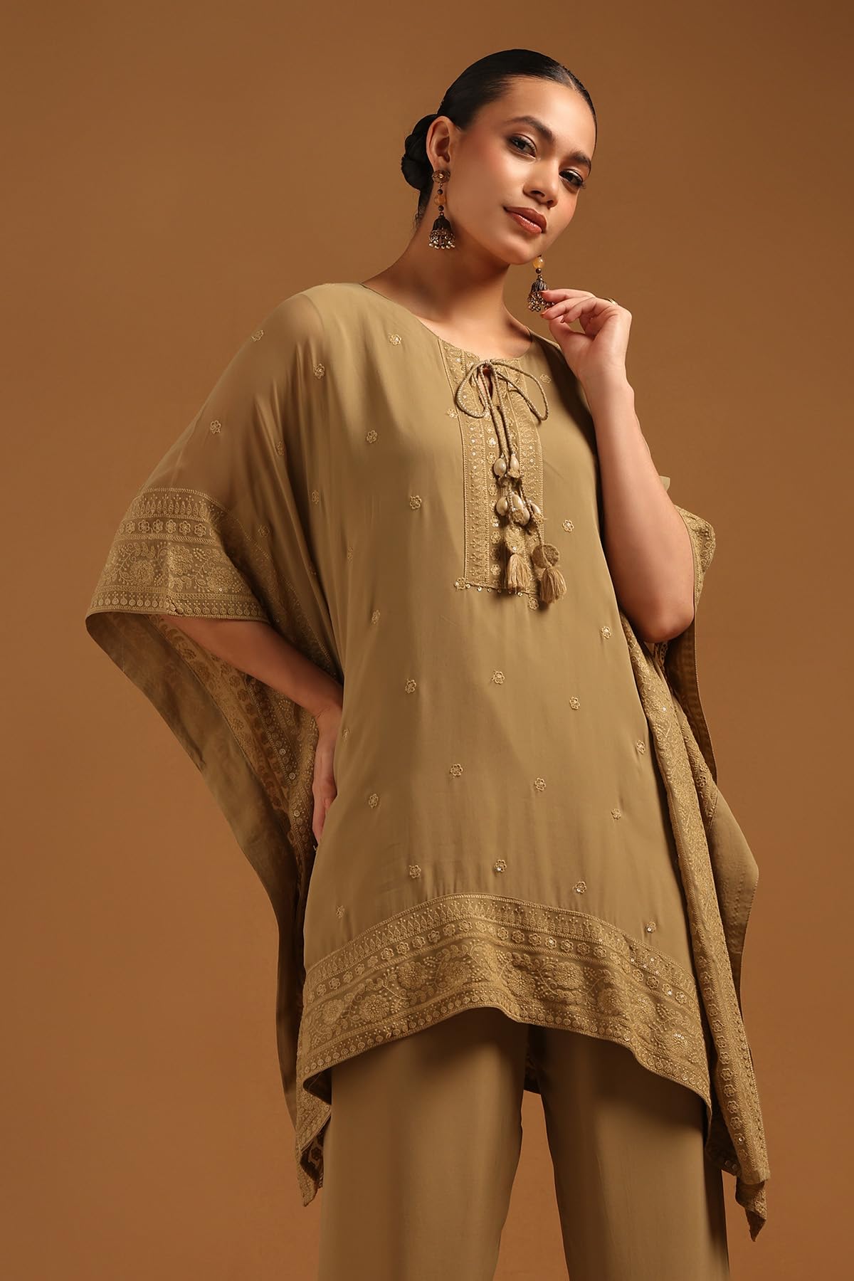 Soch Womens Olive Georgette Floral Kaftan Suit With Machine Embroidery and Tassel Details