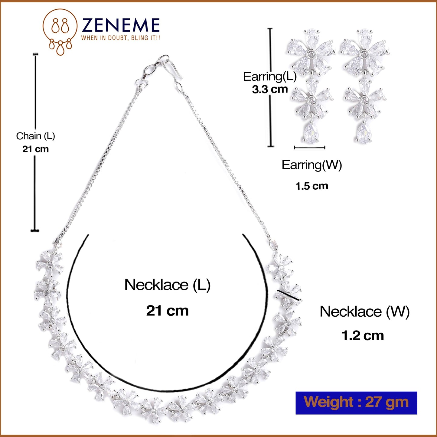 ZENEME Rhodium Plated Silver Toned White American Diamond Studded Flower Shaped Jewellery Set For Girls and Women (White)