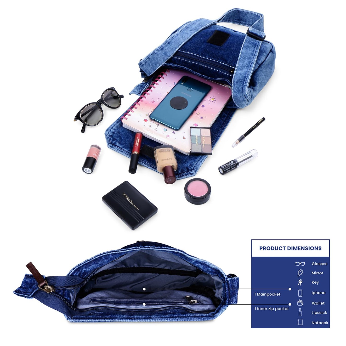 ZAINTO® Blue Denim Sling Bag for Women | Small Crossbody Shoulder Bag for Office, Travel & Casual Use | Eco-Friendly Premium Fabric | Lightweight & Stylish Everyday Sling Purse for Girls & Ladies