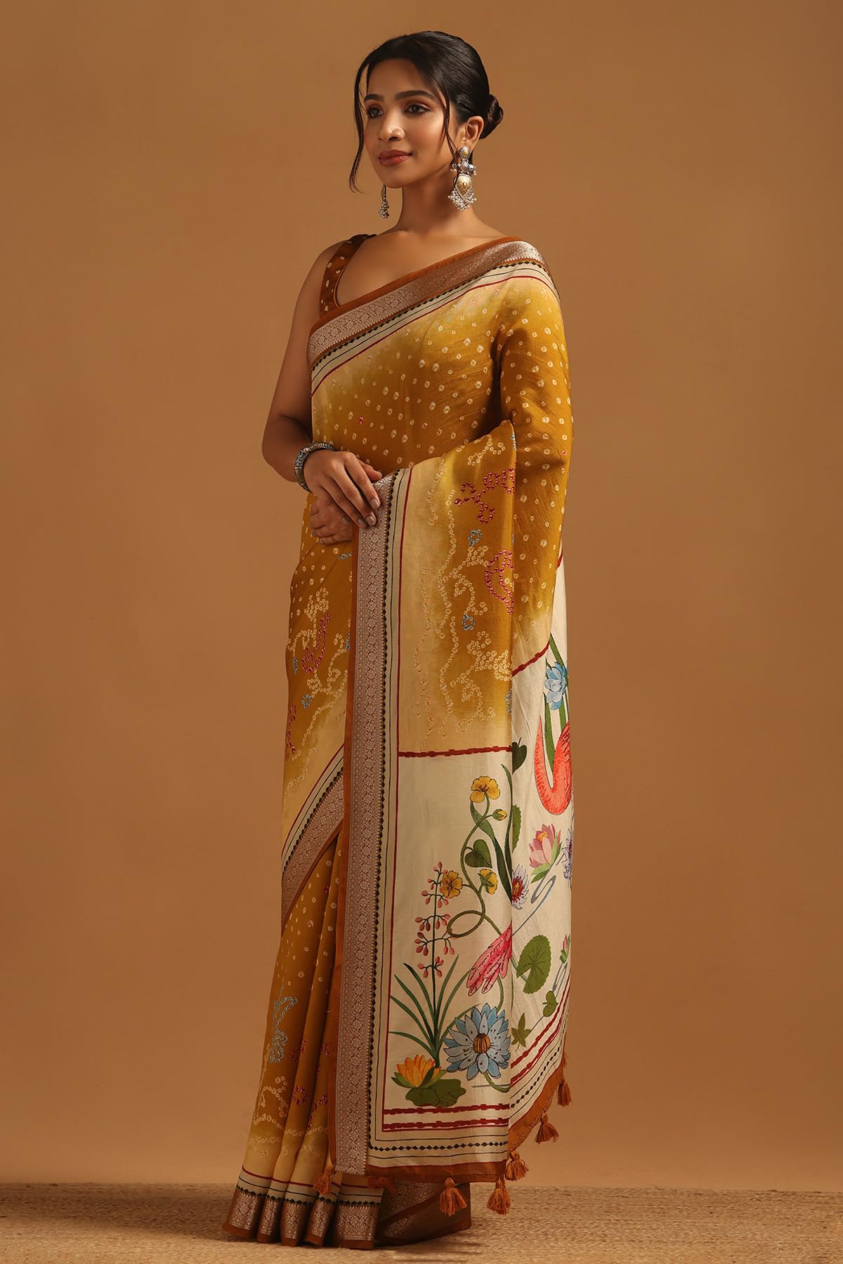 Soch Womens Gold Poly Viscose Bandhani Saree