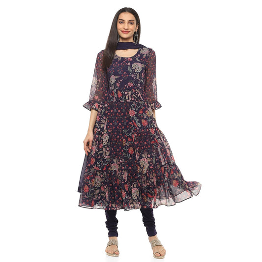 Biba Women Polyester PRINTED ANARKALI SALWAR KURTA DUPATTA(SKD8953_INDIGO_34)