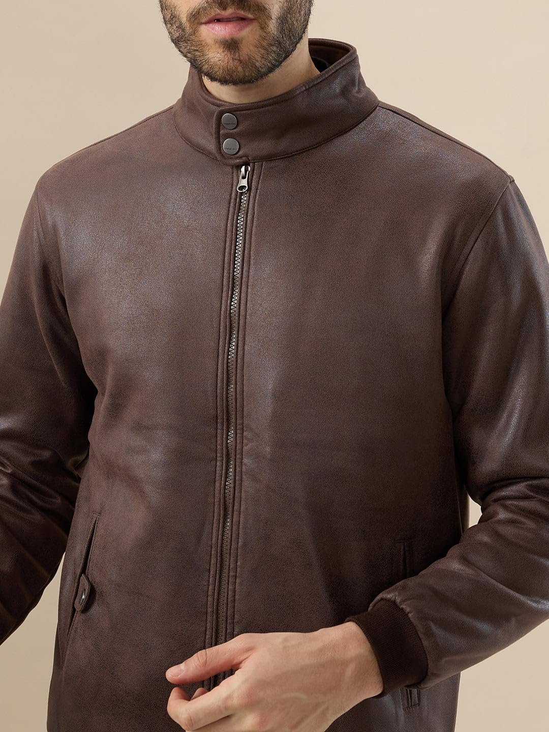 Status Quo Men's Solid Leather Textured Stand Collar Bomber Jacket | 100% Polyester | BROWN | M Size