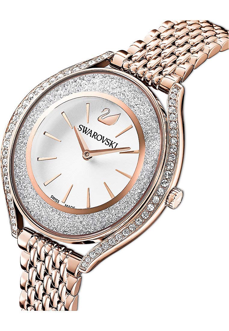 Swarovski Stainless Steel Women Crystalline Aura Analog Watch Rose Gold Tone Plated White One Size, Band_Brown