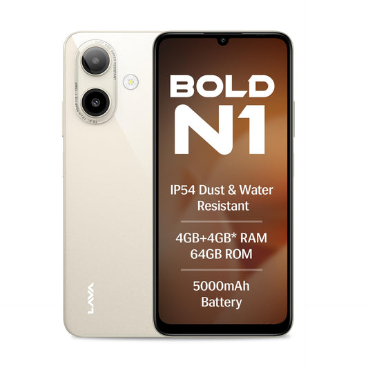 Lava Bold N1 (Sparkling Ivory, 4 GB RAM, 64 GB Storage)| 6.75" (90 Hz) HD+ Display | 13MP AI Dual Rear Camera | 5000 mAh Battery | Secure Face Unlock | Fingerprint Reader | Charger & Phone-Case in Box
