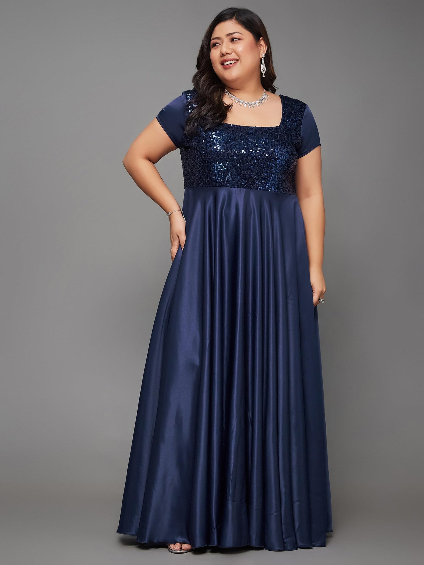 Miss Chase A+ Women's Square Neck Short Sleeve Embellished Polyester Fit & Flare Maxi Dress with Pockets (APSS23D06-60-71-06, Navy Blue, XL)
