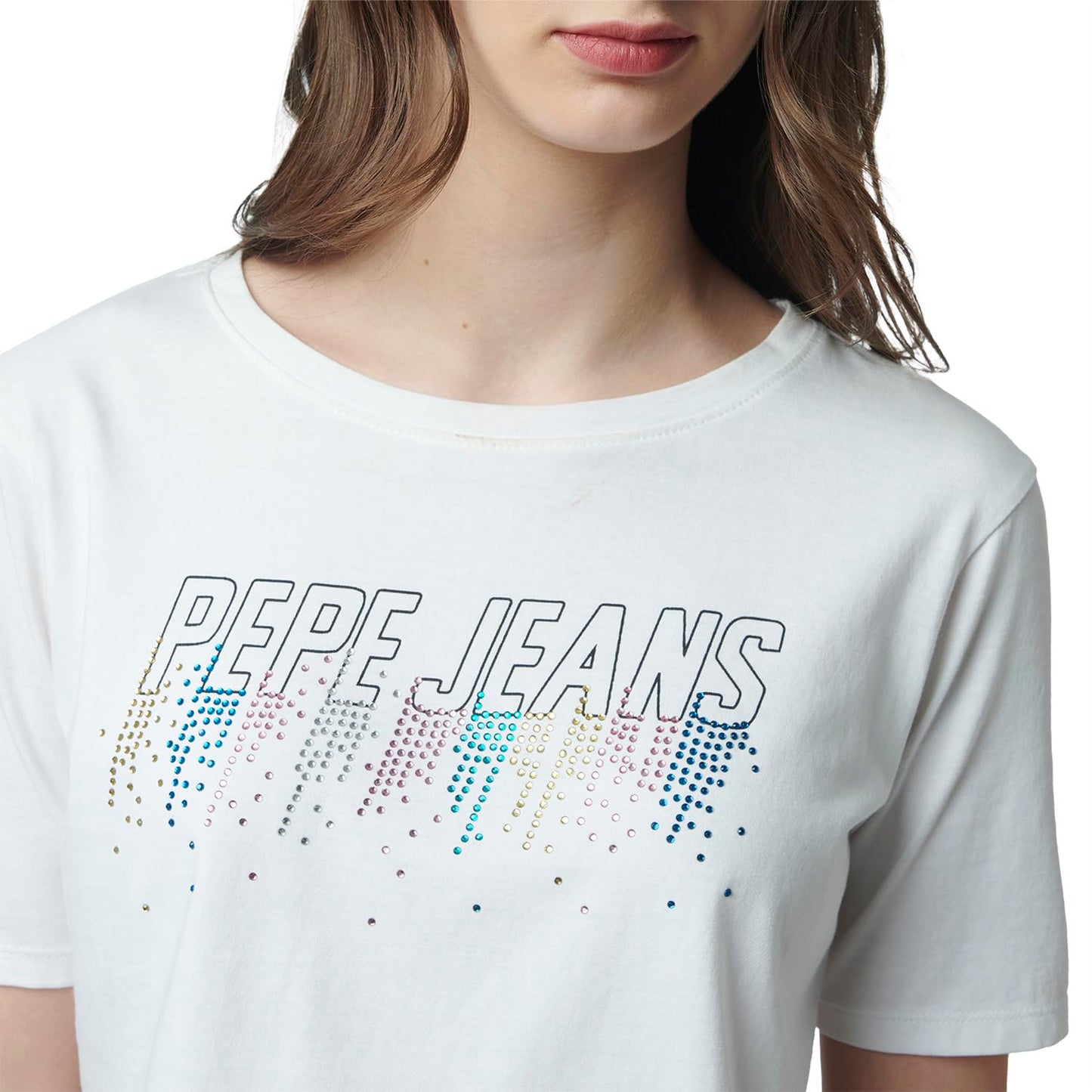 Pepe Jeans Embellished Cotton Round Neck Women's T-Shirt (White, Medium)