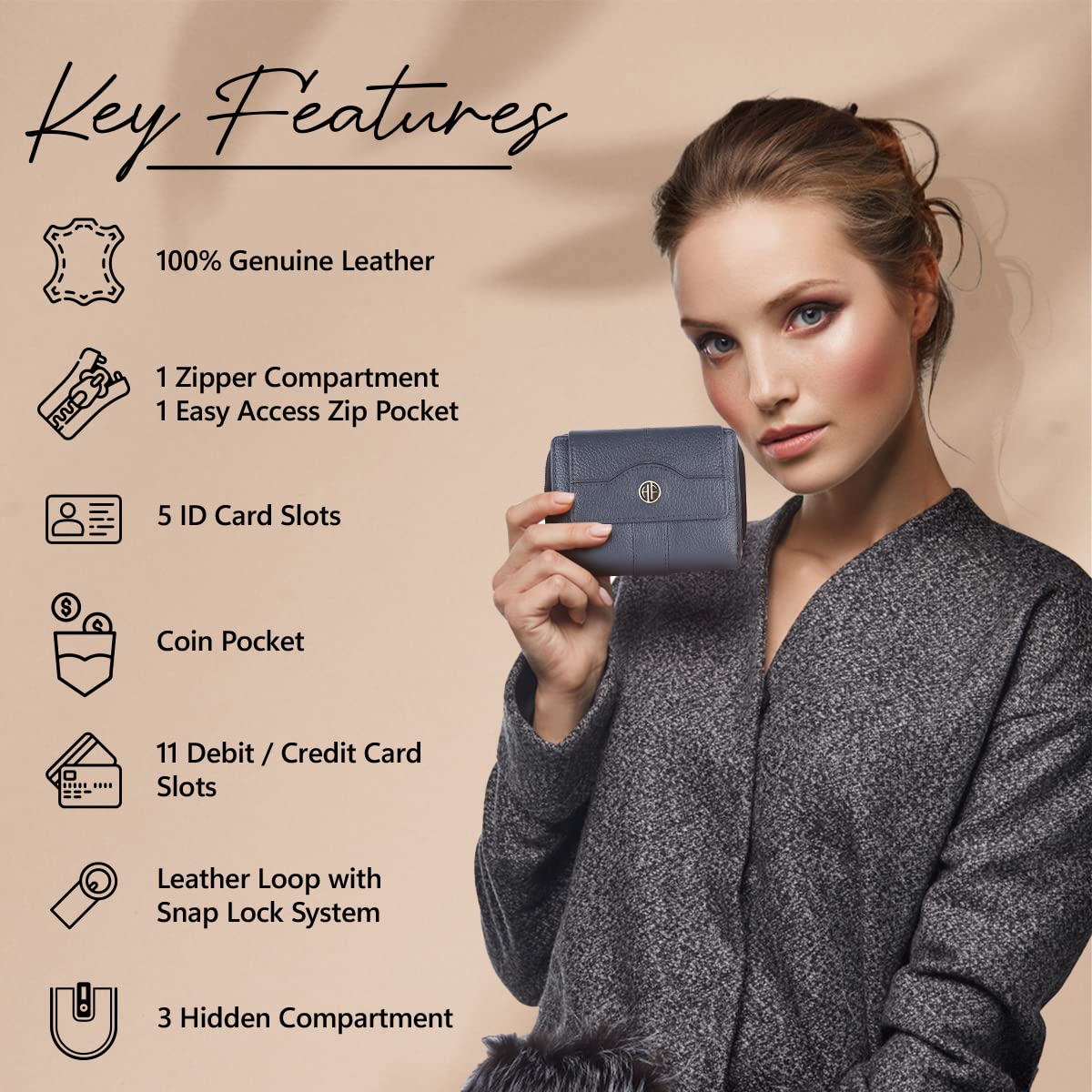 HAMMONDS FLYCATCHER Leather Ladies Wallet for Woman with 14 Card Slots - Clutch Purse for Women, Ladies Wallet for Women Stylish, Purse for Woman, Grey