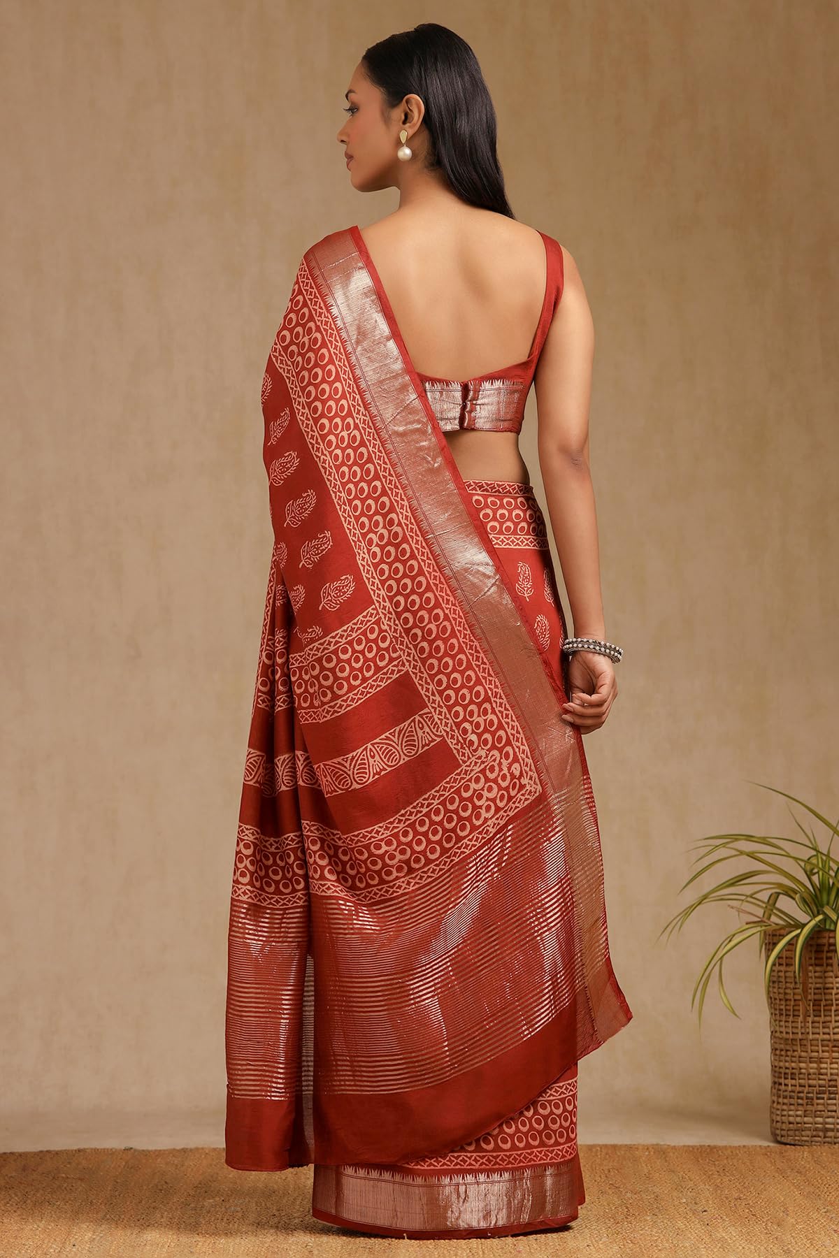 Soch Womens Rust Viscose Block Print Saree