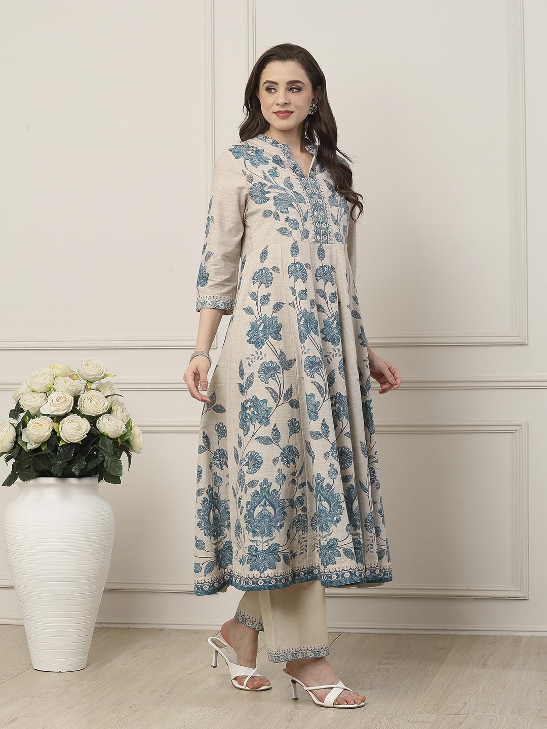 Biba Women Blue Cotton Anarkali Suit Set_32