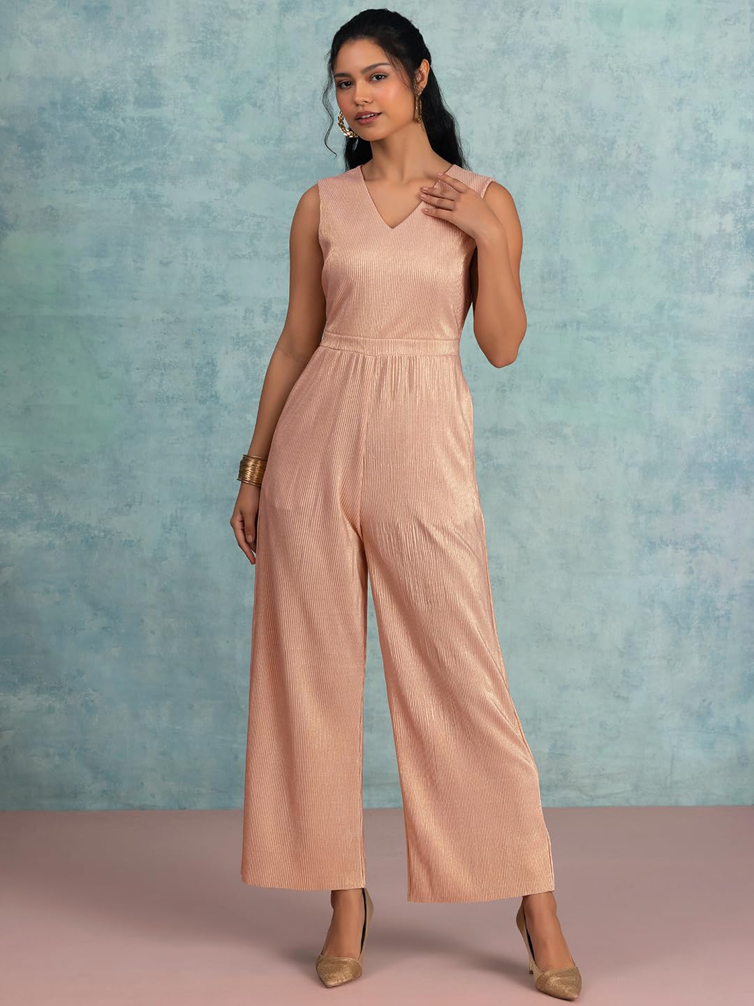 FabAlley Light Pink V-Neck Pleated Jumpsuit