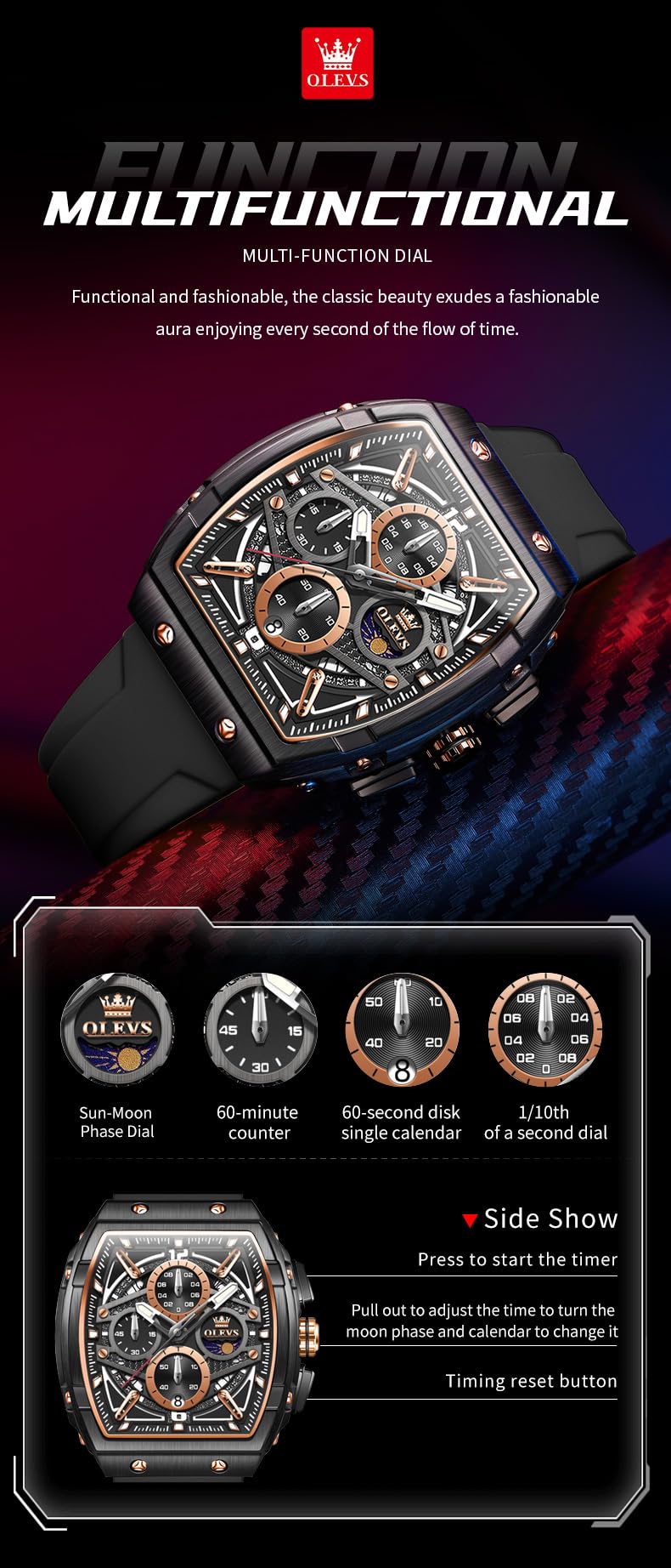 OLEVS Men Watches Business Dress Chronograph Big Square Quartz Analog Male Watch Silicone Strap Waterproof Date Gift Mens Wrist Watch