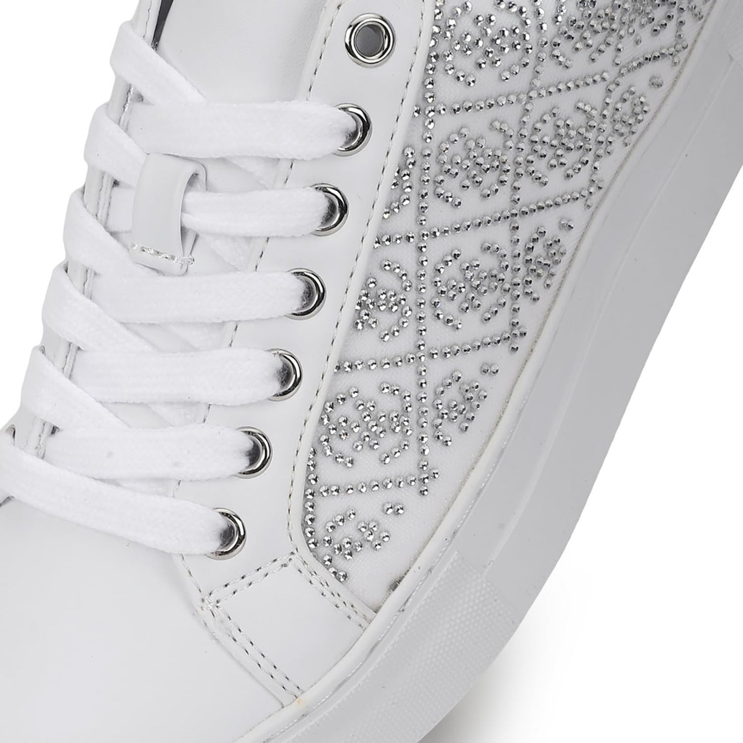 GUESS Women White Embellished Lace-Up Sneakers