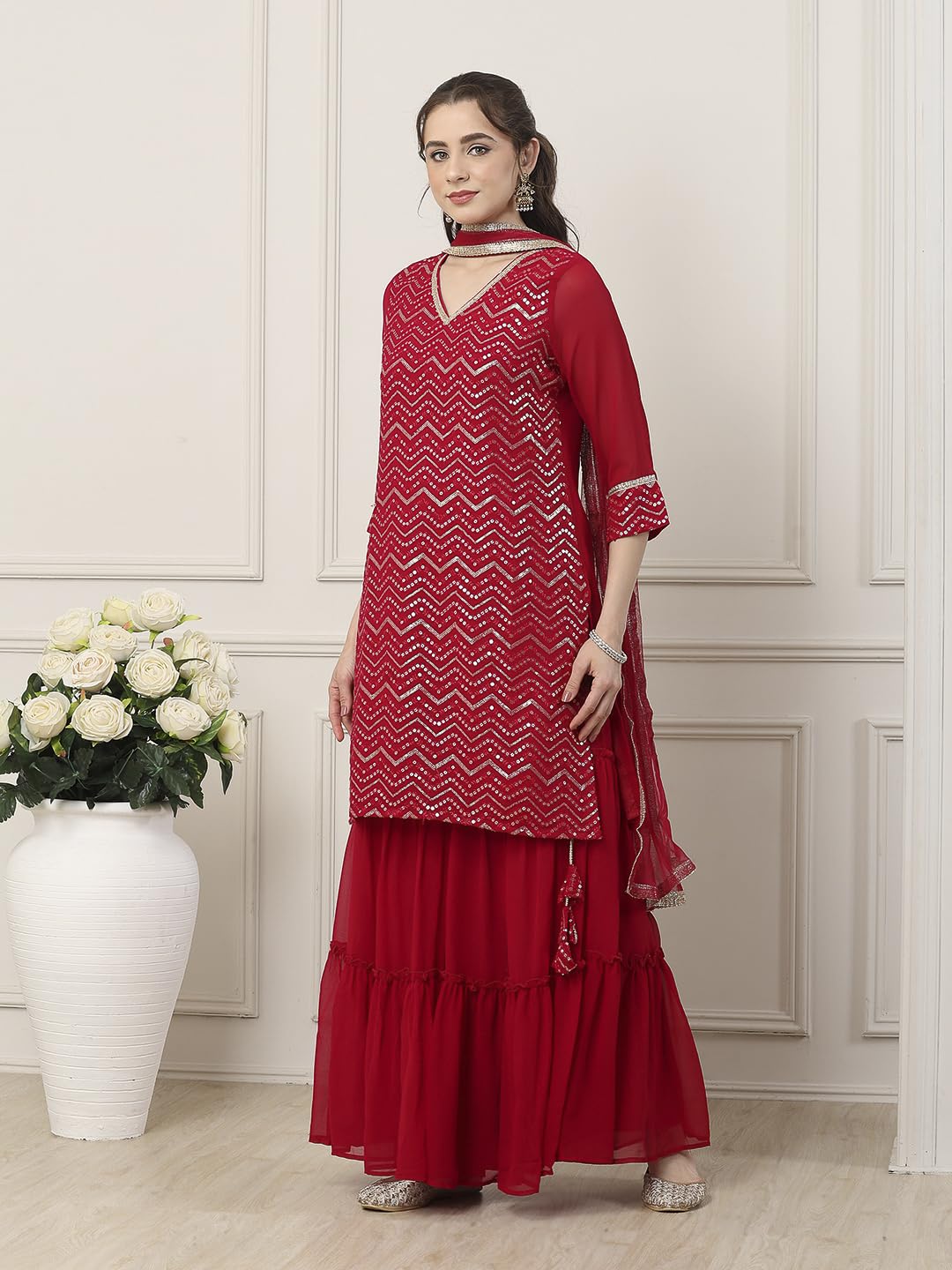 Biba Women Red Polyester Straight Embroidered Sharara Suit Set_42
