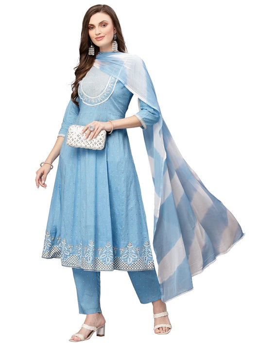 Stylum Women's Printed & Embroidered Cotton Anarkali Kurta Pant Dupatta Set