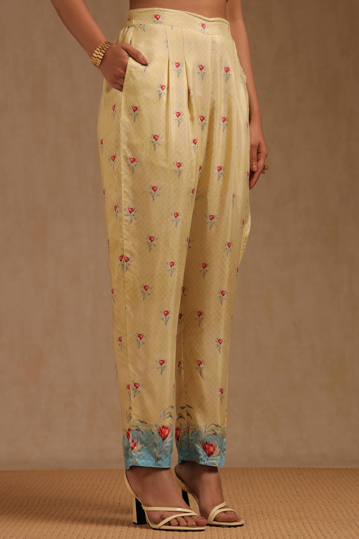 Soch Womens Yellow Muslin Floral Print Suit Set With Beads