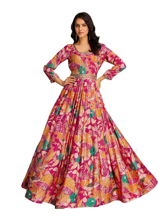 madhuram textiles Women's vetican Print with Hand Embroidery Work Anarkali Long Gown(M-2544 Pink_Medium)