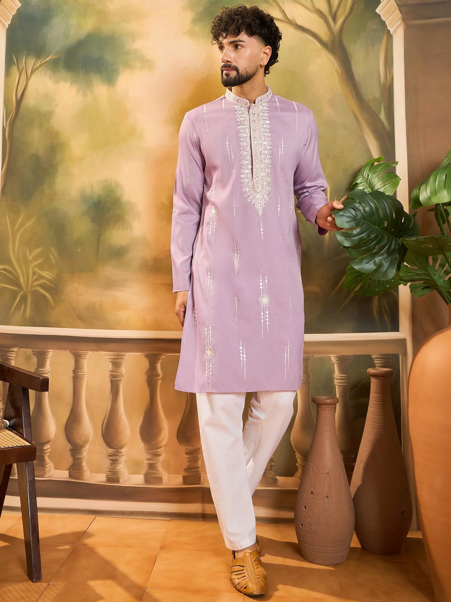 Ethnic Bay Men's Lavender Silk Blend Solid Embroidered Calf Length Kurta | Embroidered Kurta's for Men | Straight Fit Kurtas for Mens (MKU1489, XL)