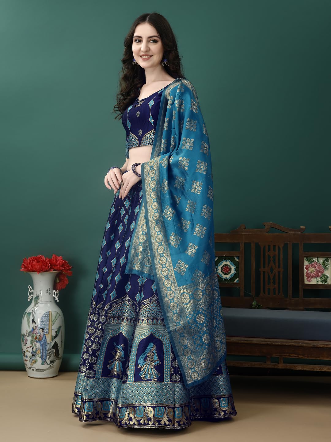 SWAMI STUDIO traditional womens wear banarasi silk lehenga choli (N.BLUE FIROZI)