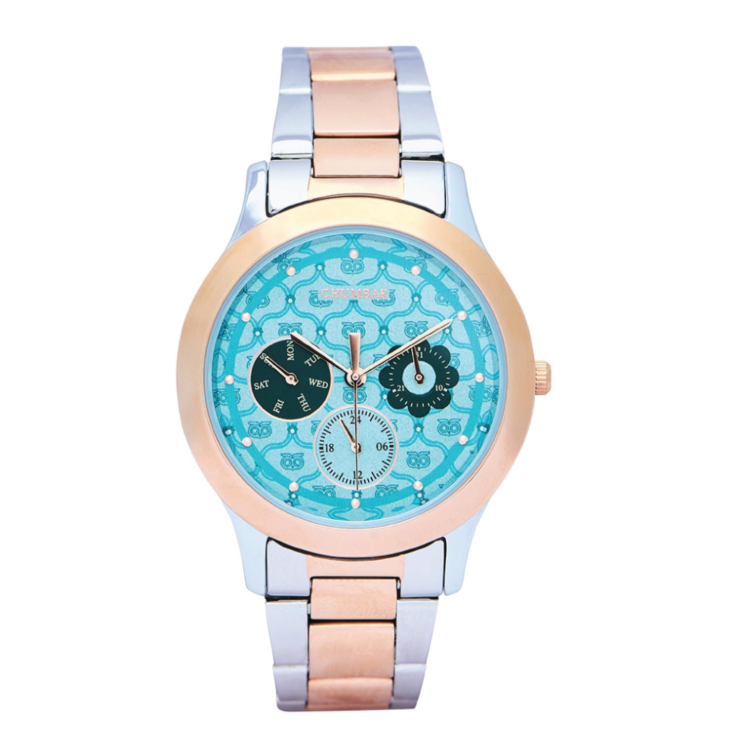 Chumbak Ocean Owl Monogram Metal Watch | Steel & Rosegold Strap with Teal Dial|Stylish Fashion Watch for Casual/Work|Gifts for Women/Girls/Ladies|Wrist Watches for Women