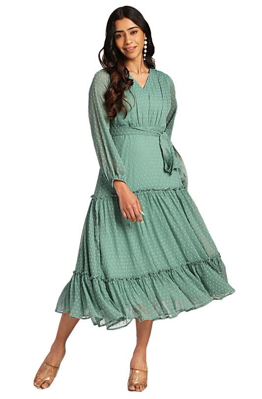 Janasya Women's Sage Dobby Chiffon Solid Tiered Dress(JNE4379-DR-M)